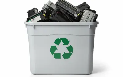 Pojemnik z zielonym symbolem recyklingu wypełniony po brzegi zużytymi tonerami.