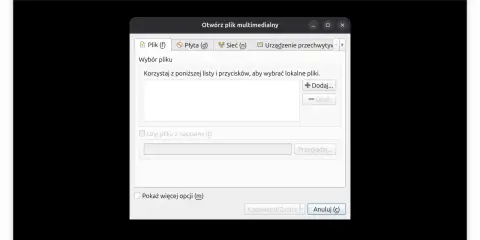 Otwieranie pliku w VLC media player portable. Okno dialogowe "Otwórz plik multimedialny" z opcjami dodawania i przeglądania plików.