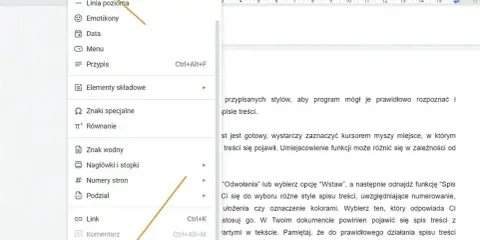 Wybieranie opcji "Wstaw" i następnie "Spis treści" w edytorze tekstu.