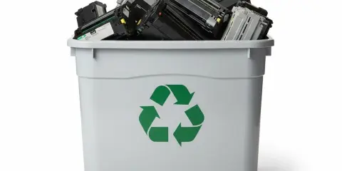 Pojemnik z zielonym symbolem recyklingu wypełniony po brzegi zużytymi tonerami.