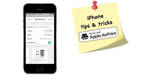 Ustawienia drukowania na iPhonie, pokazujące opcje dwustronnego drukowania. Obok żółta karteczka z napisem "iPhone tips & tricks" i logo "Works with Apple AirPrint", sugerująca łatwe drukowanie.