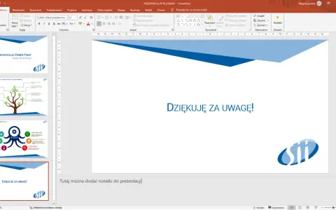 Jak odzyskać prezentacje PowerPoint? Widok edytora programu PowerPoint z kilkoma slajdami, w tym slajdem końcowym "Dziękuję za uwagę!".