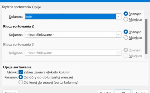 Okno dialogowe Excela do sortowania danych. Ustawienia obejmują sortowanie kolumny "Imię" alfabetycznie rosnąco.