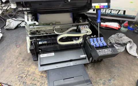 Epson czyszczenie głowicy automatyczne. Widać wnętrze drukarki, tusze i śrubokręt.