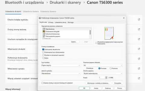 Okno dialogowe "Preferencje drukowania" dla drukarki Canon TS6300 series. Widoczny przycisk "Anuluj", który pozwala na anulowanie drukowania.