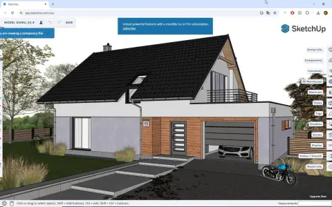 Darmowy program do wizualizacji budynków SketchUp pozwala tworzyć modele domów, jak ten z garażem i motocyklem.