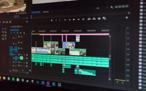 Ekran komputera z oprogramowaniem do montażu filmów. Widoczna oś czasu z klipami wideo i ścieżkami audio, gotowa do edycji.