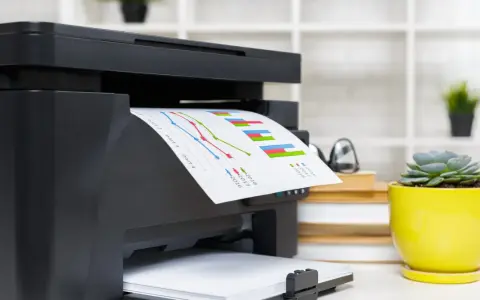 Drukarka laserowa budowa: czarny sprzęt biurowy drukuje wykresy. Obok stoi żółta doniczka z sukulentem.