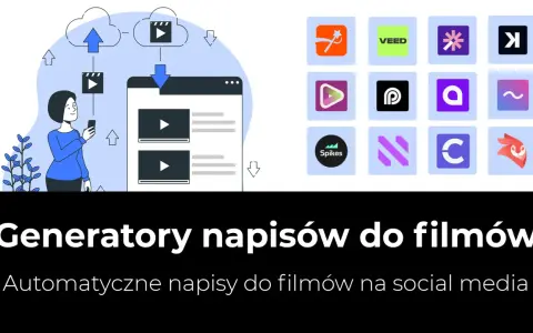 Kobieta z telefonem korzysta z generatora napisów do filmów, jak np. napiprojekt. Ikony popularnych narzędzi do edycji wideo.