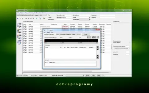 Program Exact Audio Copy z oknem edytora układu płyty, pokazujący listę utworów i ich szczegóły.