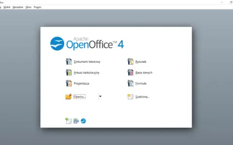 Ekran startowy programu OpenOffice. Można tu tworzyć dokumenty tekstowe, arkusze kalkulacyjne, prezentacje, rysunki, bazy danych i formuły.