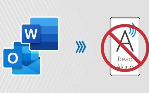 Ikony Word i Outlook, strzałki i symbol zakazu na telefonie z napisem "Read Aloud". Dowiedz się, jak wyłączyć podkreślanie błędów w Wordzie.