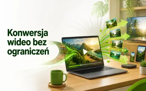 Konwersja wideo bez ograniczeń. Laptop, telewizor i smartfon pokazują ten sam film, sugerując łatwy sposób, jak zmienić format filmu.