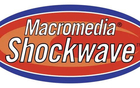 Logo Macromedia Shockwave, dawniej popularne w odtwarzaniu animacji i gier, teraz jako część historii Adobe.