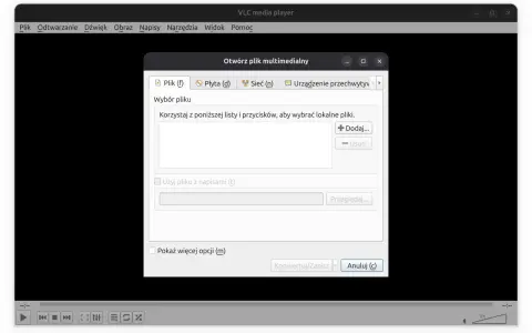 Otwieranie pliku w VLC media player portable. Okno dialogowe "Otwórz plik multimedialny" z opcjami dodawania i przeglądania plików.