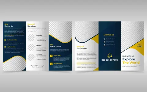 Projekt ulotki turystycznej z ofertami podróży, informacjami o firmie i danymi kontaktowymi.