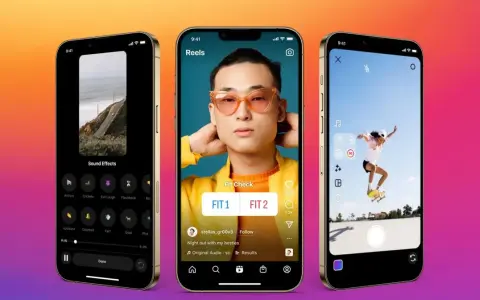 Trzy telefony pokazują interfejs Instagram Reels. Dowiedz się, jak udostępnić rolkę z Instagrama na Facebooku.