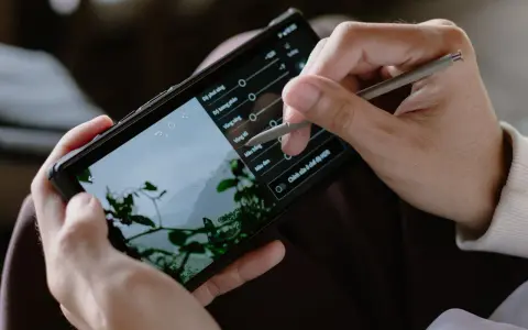 Ręce trzymają smartfon, na którym edytowany jest film. Stylus dostosowuje parametry, by pokazać, jak zrobić film na TikToku.