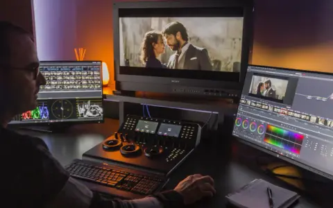 Operator pracuje przy zaawansowanym programie do obróbki filmów, dostosowując kolory i montując scenę z parą.