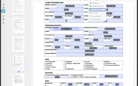 Formularz ankiety z danymi klienta, lokalizacją ślubu, opcjami i opłatami. Widoczna opcja "Form Field Recognition".