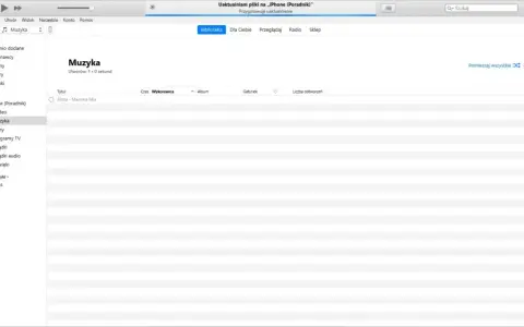 Jak zgrać muzykę na komputer? Widok biblioteki iTunes z opcją "Muzyka" i listą utworów, gotowy do synchronizacji.