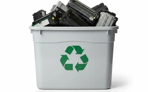 Pojemnik z zielonym symbolem recyklingu wypełniony po brzegi zużytymi tonerami.