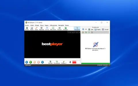 BESTplayer, darmowy odtwarzacz muzyki, wyświetla logo. Program informuje o braku połączenia z serwerem.