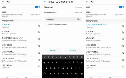 Problem z połączeniem drukarki HP z Wi-Fi. Widok ekranu telefonu z listą dostępnych sieci Wi-Fi i próbą połączenia z siecią drukarki.