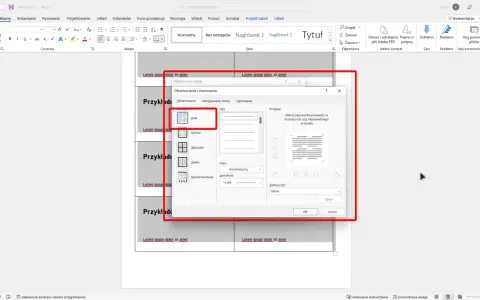 Szablon wizytówki Word w programie Microsoft Word, okno dialogowe "Właściwości tabeli" z opcjami obramowania.