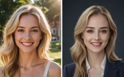 Dwie grafiki na profilowe: uśmiechnięta blondynka w letniej stylizacji i w eleganckim garniturze.
