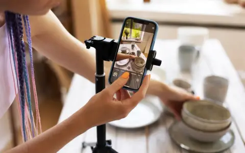 Kobieta z kolorowymi warkoczami ustawia telefon na statywie, by nagrać filmik: jak zrobić rolkę na Instagramie ze zdjęć.