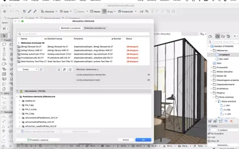 Menedżer bibliotek w Archicadzie pokazuje brakujące pliki, w tym obrazy i tekstury, które są potrzebne do projektu.