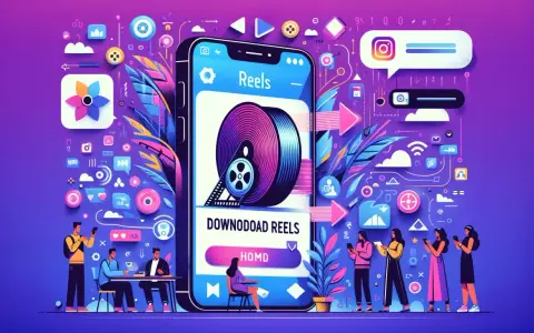 Ilustracja pokazuje, jak zapisać rolkę na telefonie, z ikonami mediów społecznościowych i ludźmi korzystającymi z urządzeń.