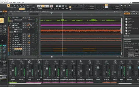 Ekran programu Cakewalk z widocznymi ścieżkami audio, mikserem i panelem efektów.
