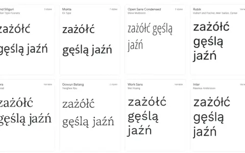 Różne fonty, w tym elegancka czcionka z polskimi znakami, prezentują tekst "zażółć gęślą jaźń".
