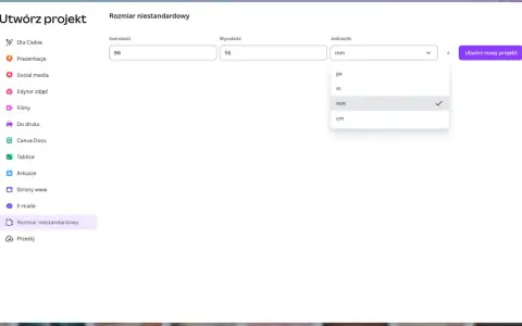 Tworzenie projektu w Canva: ustawianie niestandardowych wymiarów dla wizytówki, wybór jednostek (mm).