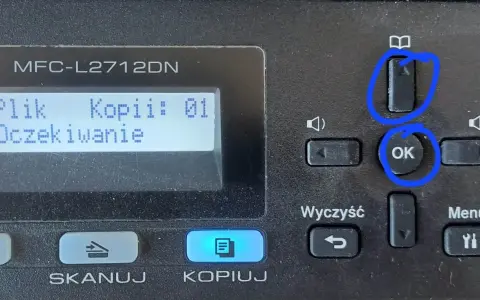 Drukarka Brother MFC-L2712DN. Ekran pokazuje "Plik Kopii: 01 Oczekiwanie". Przyciski "OK" i "Reset bębna" (ikona książki) są zaznaczone.