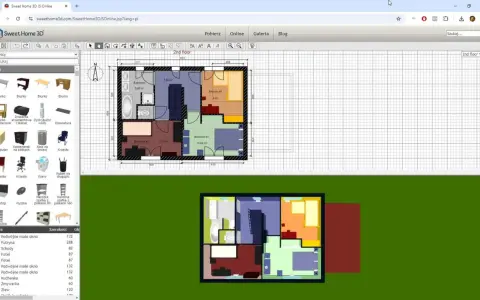Program do projektowania domów Sweet Home 3D pokazuje plan piętra z meblami i wymiarami.