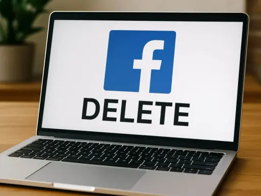 Laptop z logo Facebook i napisem DELETE. Chcesz wiedzieć, jak usunąć konto na FB? Ten obrazek pokazuje, że to możliwe.