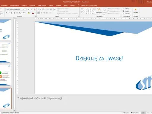 Jak odzyskać prezentacje PowerPoint? Widok edytora programu PowerPoint z kilkoma slajdami, w tym slajdem końcowym "Dziękuję za uwagę!".