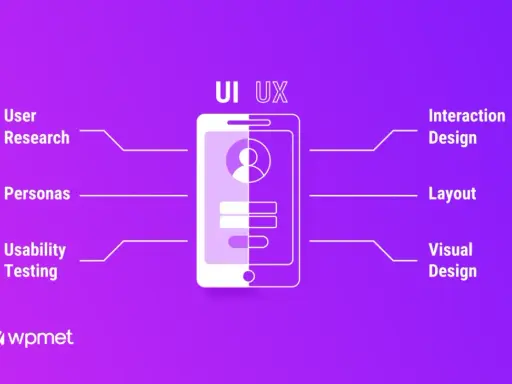 Schemat UI UX: badania użytkowników, persony, testy użyteczności, projekt interakcji, układ, projekt wizualny.