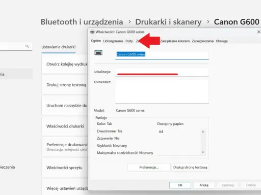 Gdzie znaleźć IP drukarki? Właściwości drukarki Canon G600 series, zakładka Ogólne.