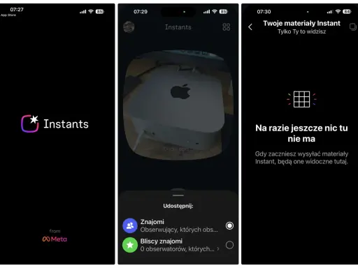 Nowa funkcja na Instagramie: Instants. Ekran powitalny, podgląd zdjęcia Maca Mini i ekran "Twoje materiały Instant" z informacją o braku treści.