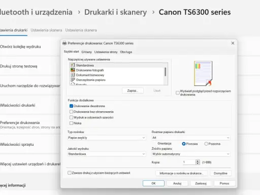 Okno dialogowe "Preferencje drukowania" dla drukarki Canon TS6300 series. Widoczny przycisk "Anuluj", który pozwala na anulowanie drukowania.