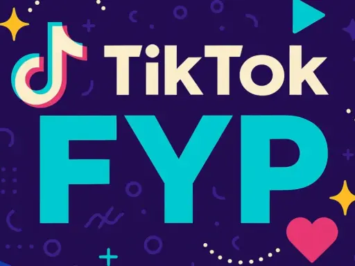 TikTok FYP - czyli "For You Page", strona z polecanymi filmami. Kolorowe grafiki i ikony.