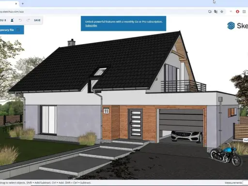Darmowy program do wizualizacji budynków SketchUp pozwala tworzyć modele domów, jak ten z garażem i motocyklem.