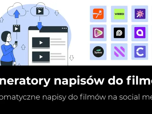 Kobieta z telefonem korzysta z generatora napisów do filmów, jak np. napiprojekt. Ikony popularnych narzędzi do edycji wideo.
