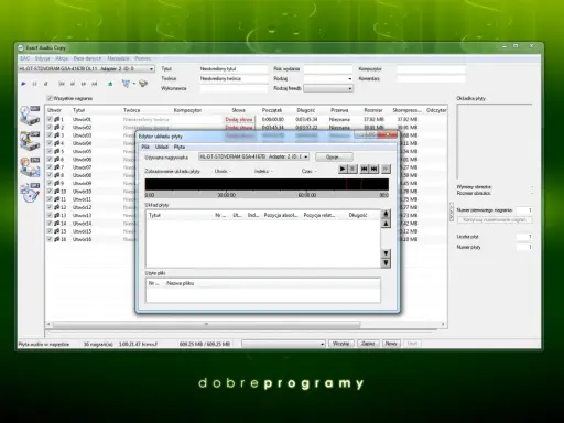 Program Exact Audio Copy z oknem edytora układu płyty, pokazujący listę utworów i ich szczegóły.