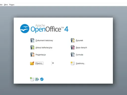 Ekran startowy programu OpenOffice. Można tu tworzyć dokumenty tekstowe, arkusze kalkulacyjne, prezentacje, rysunki, bazy danych i formuły.