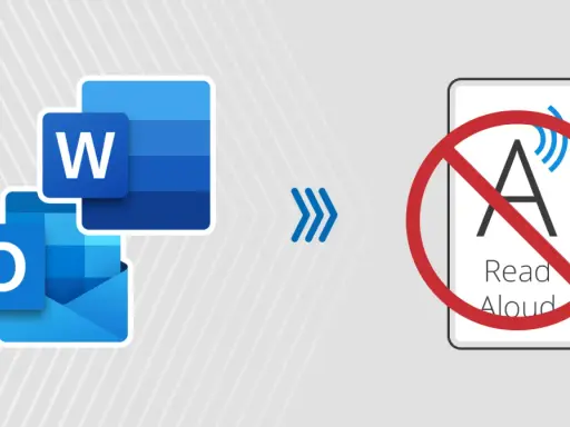 Ikony Word i Outlook, strzałki i symbol zakazu na telefonie z napisem "Read Aloud". Dowiedz się, jak wyłączyć podkreślanie błędów w Wordzie.